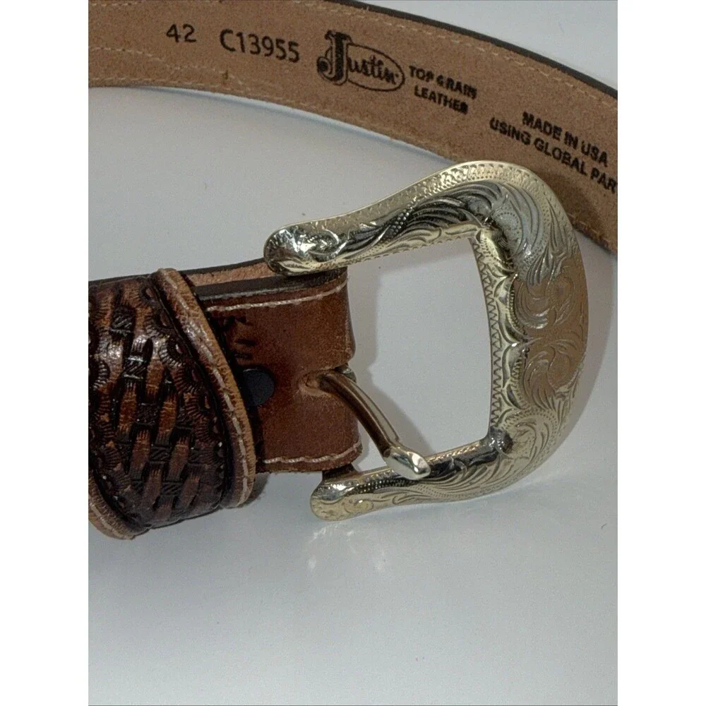 Justin Lone Star Western Leather Belt Mens Size 42 Brown C10098 Basketweave Exc